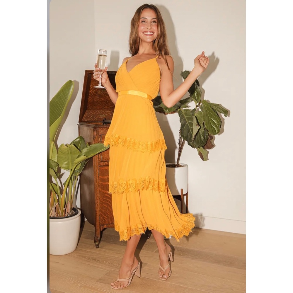 Mustard Yellow Pleated Lace Tiered Midi Dress